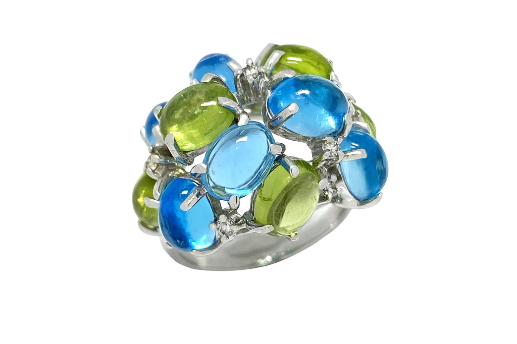 Blue Topaz K18WGブルートパーズ ペリドット ダイヤモンドリング (NO