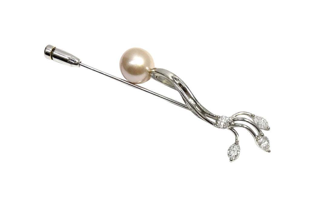 PT900 パール 真珠 ダイヤモンド ピンブローチ タイタック ブローチ