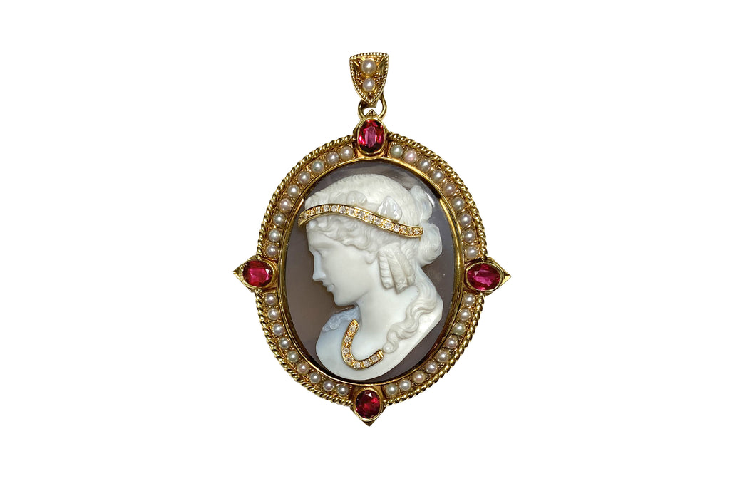 Stone Cameo K18ストーンカメオ ダイヤモンド ルビー パールペントップ兼ブローチ (NO.128165)