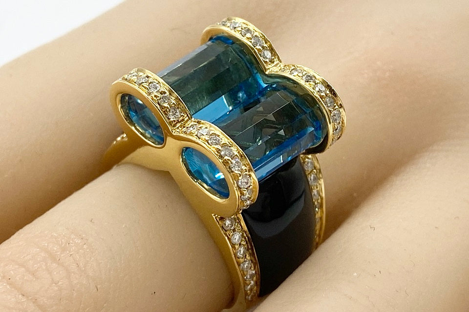 Blue Topaz K18ブルートパーズ オニキス ダイヤモンドリング (NO.49085)