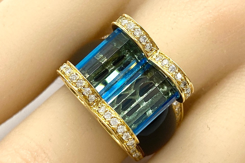 Blue Topaz K18ブルートパーズ オニキス ダイヤモンドリング (NO.49085)