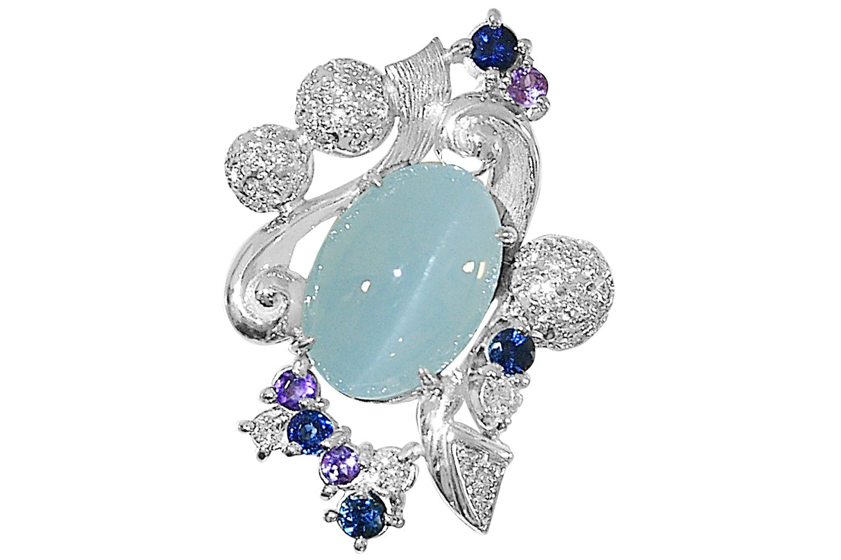 Aquamarine K18WGアクアマリンキャッツアイ サファイヤ アメシスト ダイヤモンドリング (NO.48004)