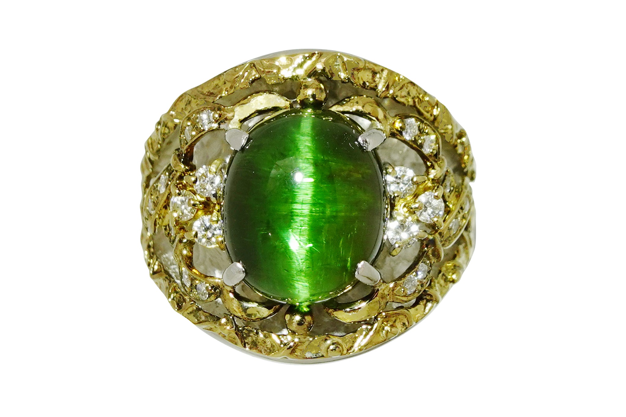 天然グリーントルマリンキャッツアイ、ダイアモンドリング 天然グリーントルマリンキャッツアイ、ダイアモンドリング