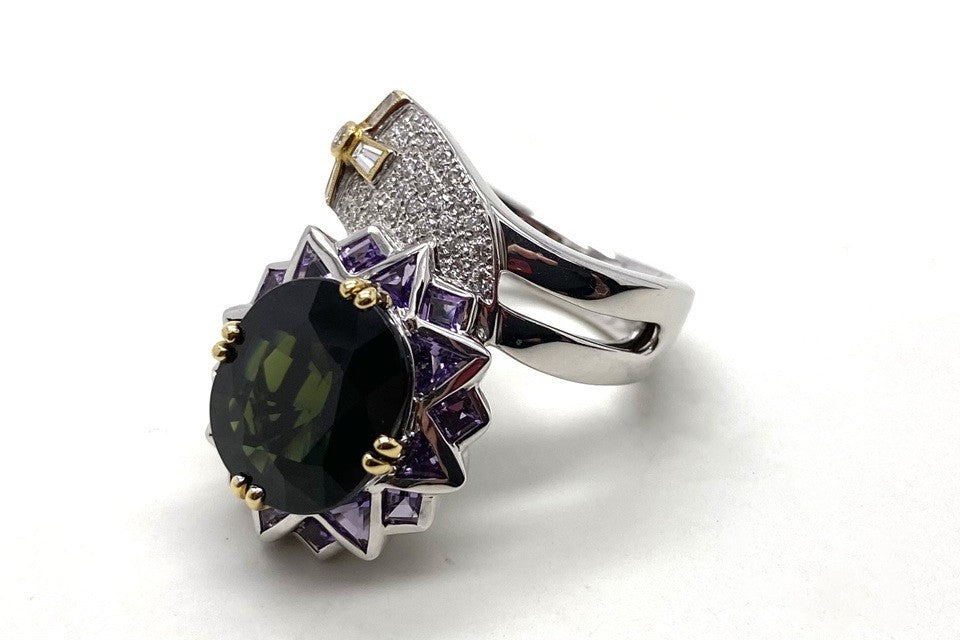 JEWEL STUDIO 【ジュエルスタジオ】K18WG/YGグリーンサファイヤ ダイヤモンド アメシストリング (NO.49644)