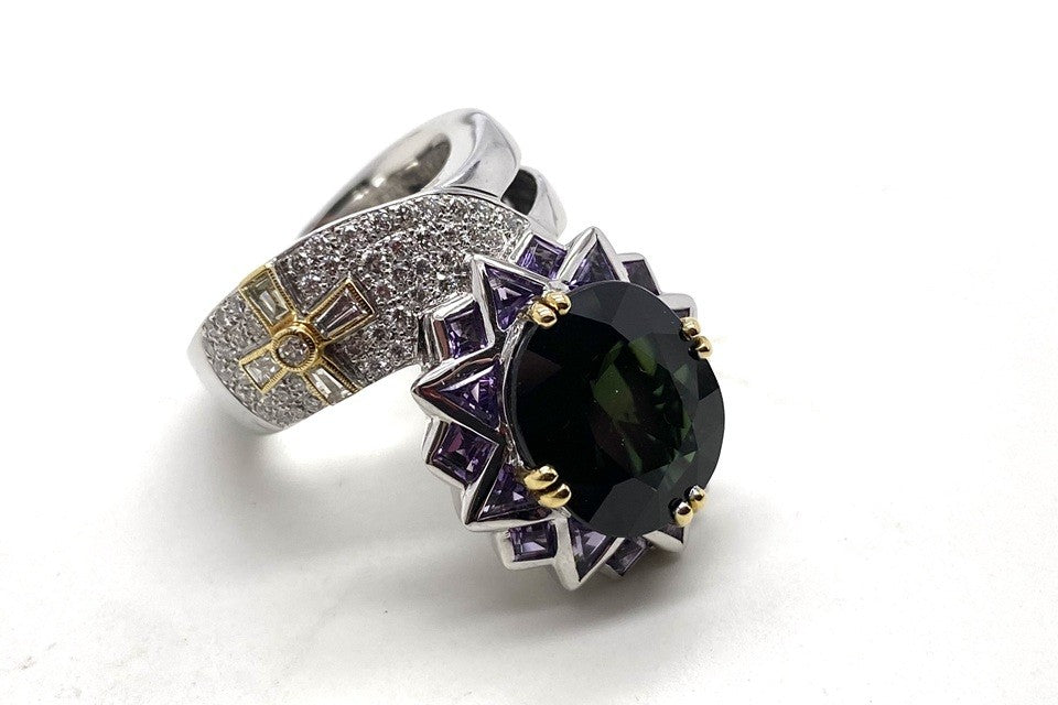 JEWEL STUDIO 【ジュエルスタジオ】K18WG/YGグリーンサファイヤ ダイヤモンド アメシストリング (NO.49644)