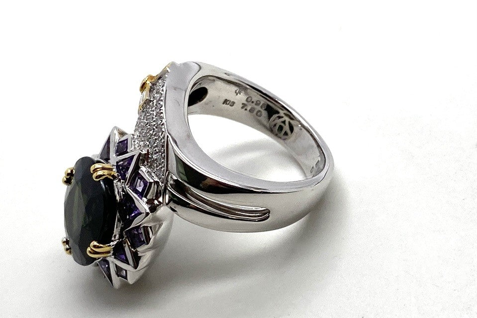 JEWEL STUDIO 【ジュエルスタジオ】K18WG/YGグリーンサファイヤ ダイヤモンド アメシストリング (NO.49644)