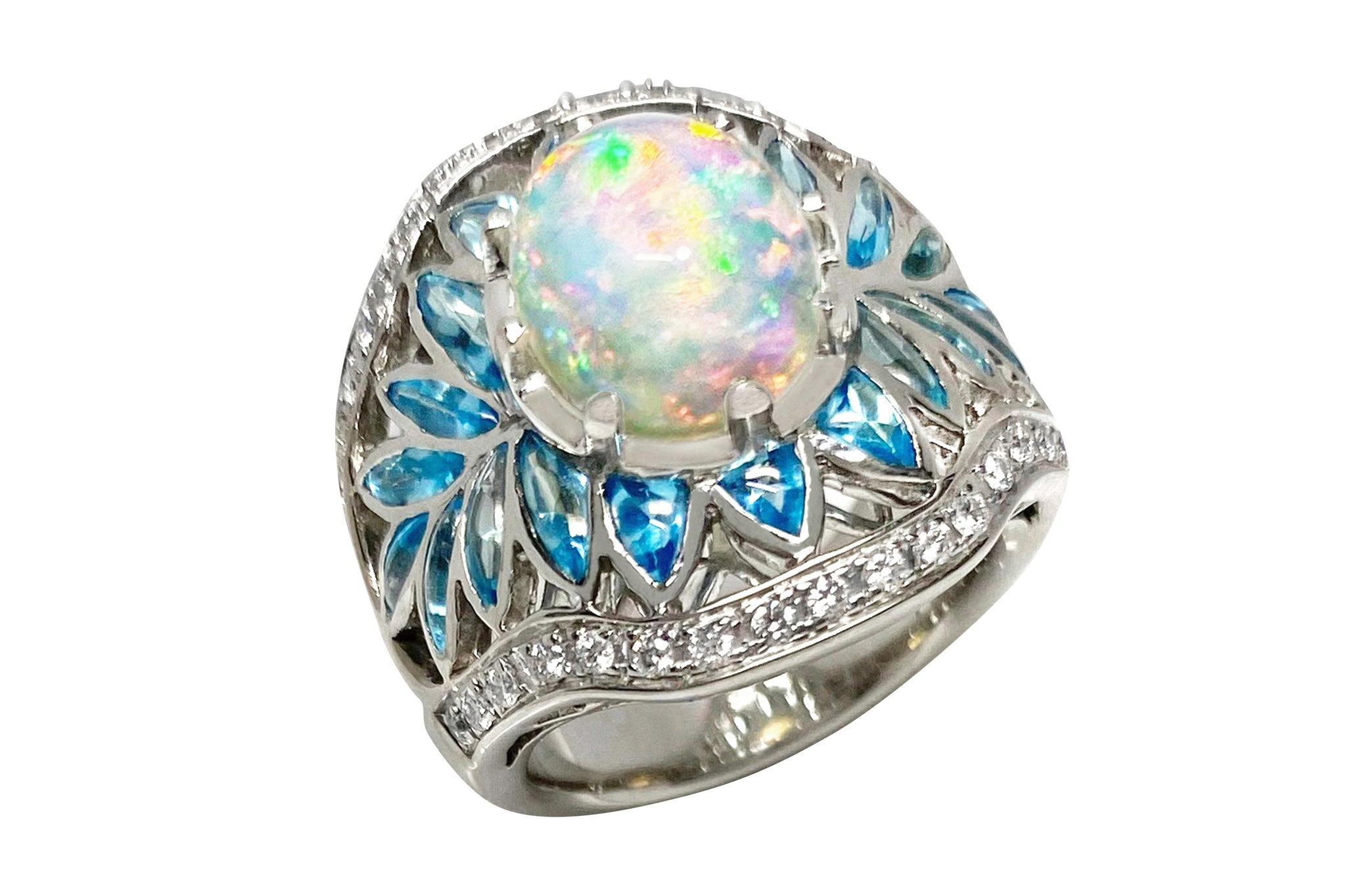 White Opal /Vintage K18WGホワイトオパール ブルートパーズ ダイヤモンドリング (NO.49674)