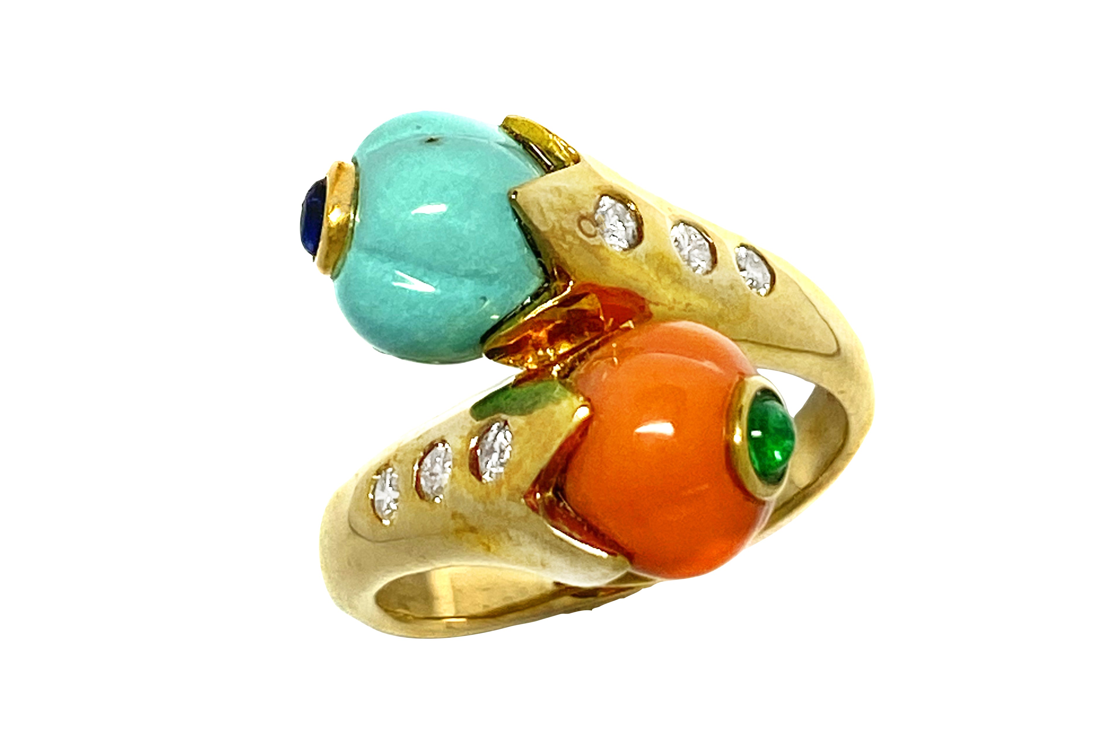 Turquoise K18トルコ石 珊瑚 エメラルド サファイヤリング (NO.49683