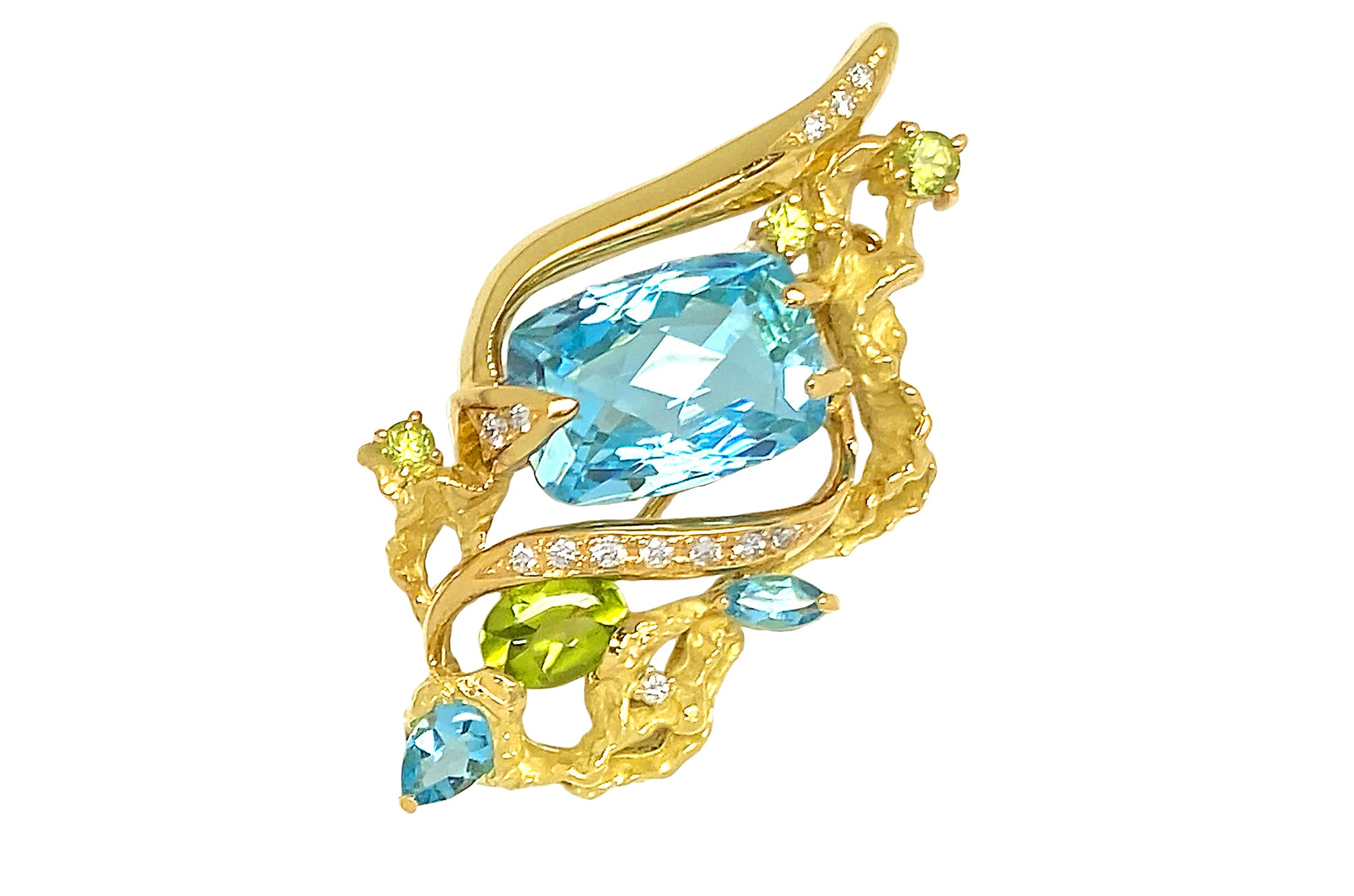 Blue Topaz K18ブルートパーズ ペリドット ダイヤモンドペントップ兼ブローチ (NO.49925)