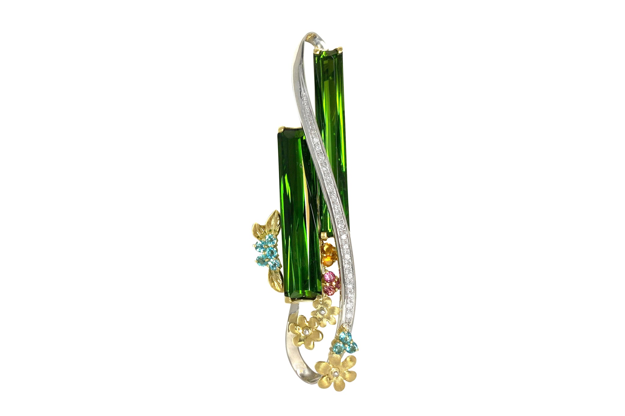 Green Tourmaline K18/Pt900グリーントルマリン  ダイヤモンド　ブルートパーズ シトリンペントップ兼ブローチ (NO.62236)