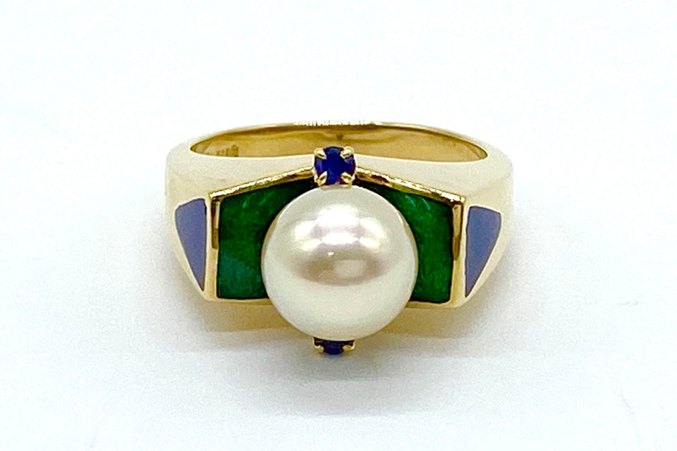 MIKIMOTO【ミキモト】 K18アコヤパール サファイヤ エナメルリング (NO.62178)