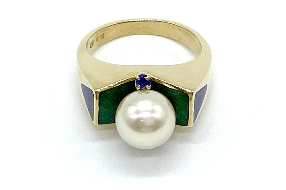 MIKIMOTO【ミキモト】 K18アコヤパール サファイヤ エナメルリング (NO.62178)