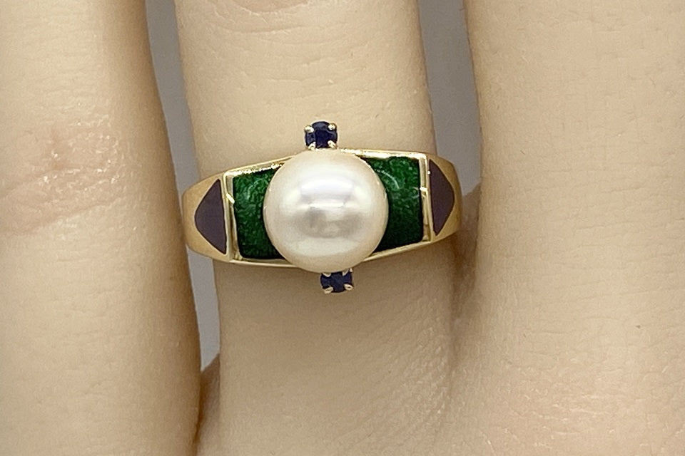 MIKIMOTO【ミキモト】 K18アコヤパール サファイヤ エナメルリング (NO.62178)