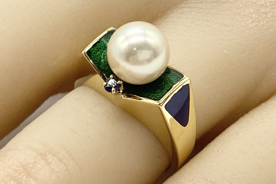 MIKIMOTO【ミキモト】 K18アコヤパール サファイヤ エナメルリング (NO.62178)
