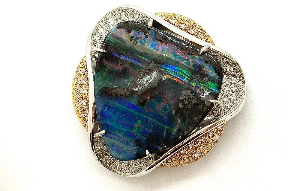 Boulder Opal K18/Pt900/K18WGボルダーオパール ダイヤモンドペントップ兼ブローチ (NO.128438)