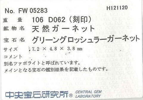 Green Garnet Pt900グリーンガーネット ダイヤモンドリング (NO.128503)