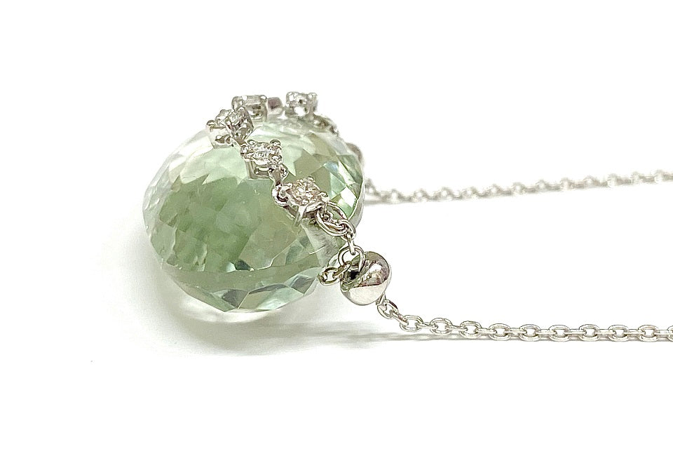 Green Quartz K18WG/Pt900(ダイヤの座部分) グリーンクォーツ ダイヤモンドペンダント (NO.48966)