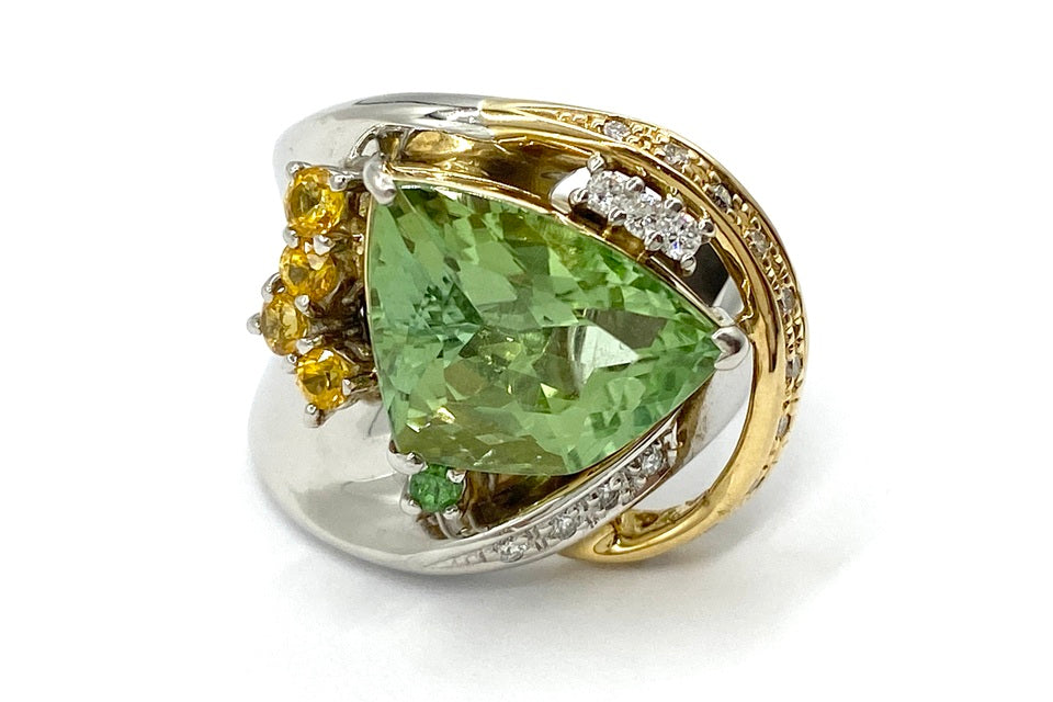 Green Tourmaline K18WG/YGグリーントルマリン イエローサファイヤ グリーンガーネット ダイヤモンドリング (NO.49179)