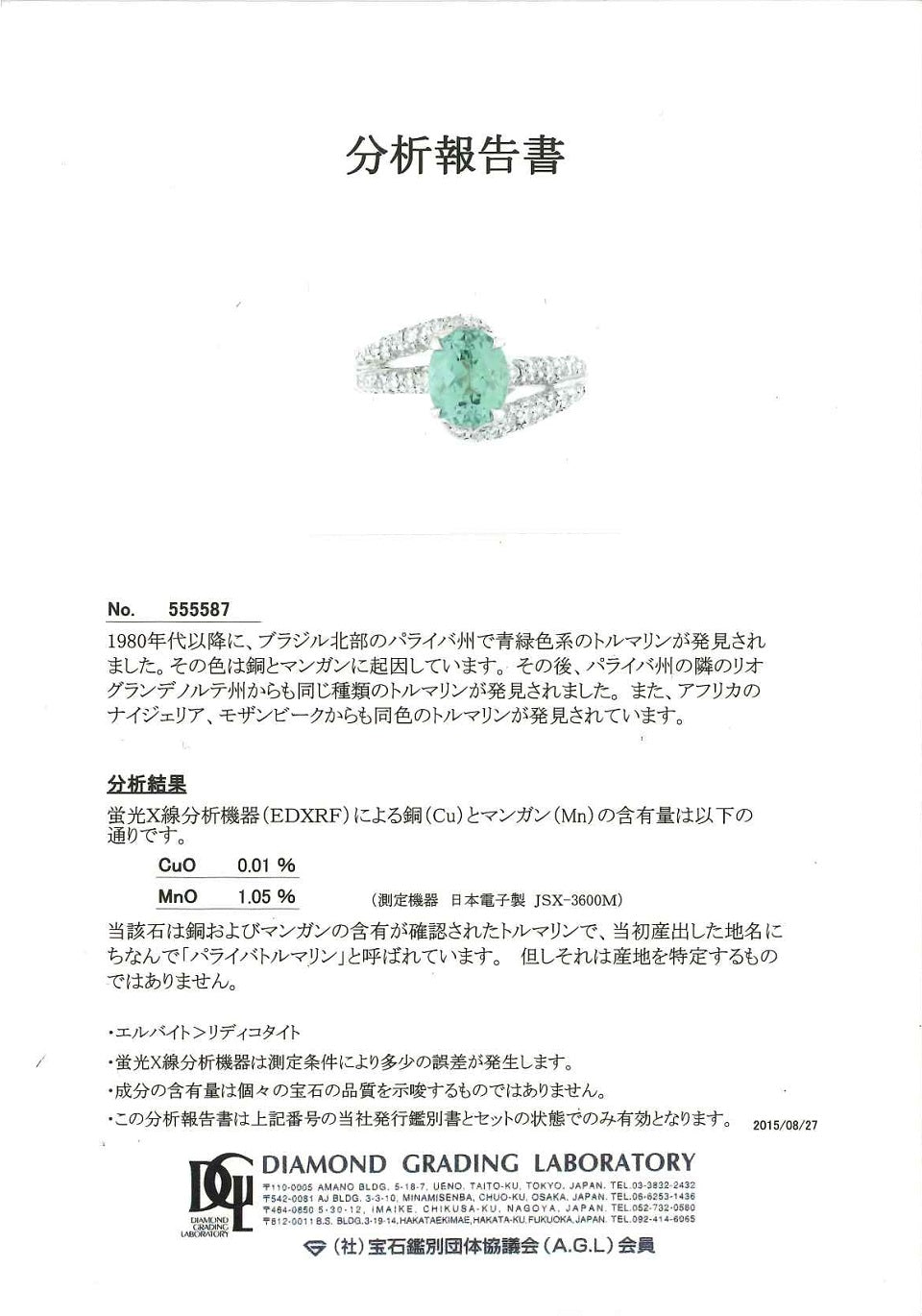 Paraiba Tourmaline Pt900パライバトルマリン ダイヤリング (NO.128557)