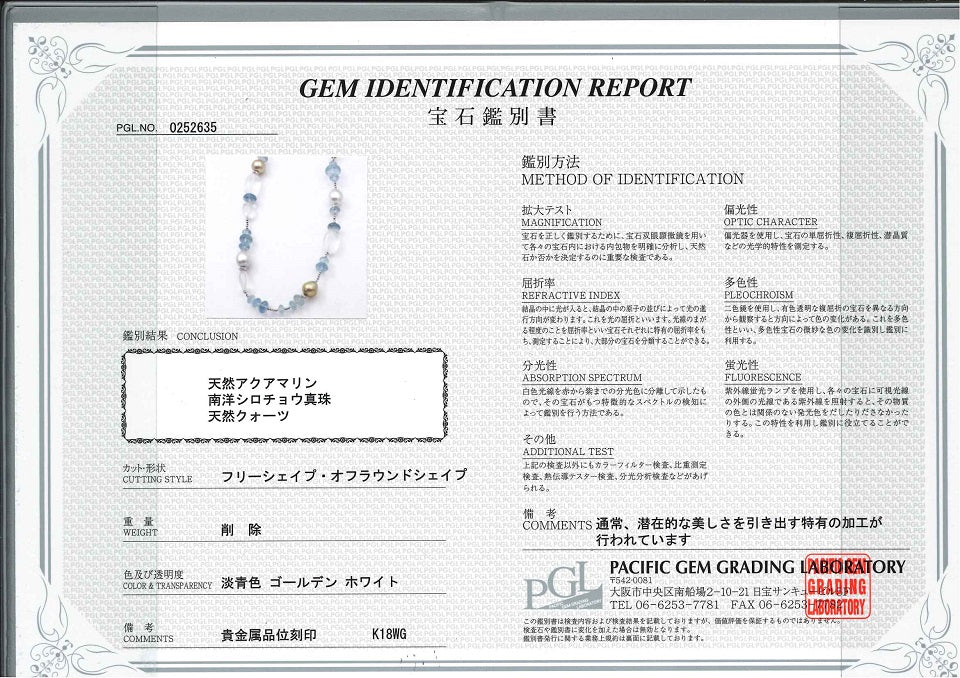 South Sea Pearl K18WG白蝶/ゴールデンパール アクアマリン クォーツネックレス (NO.128588)