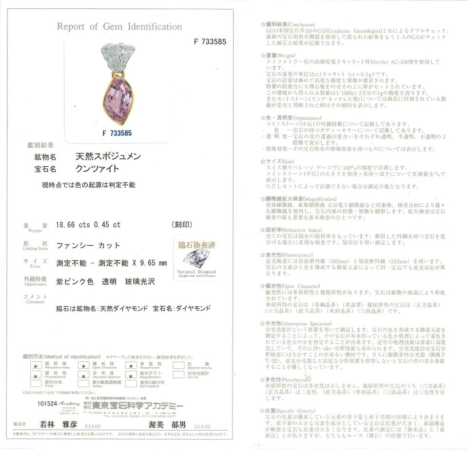 Kunzite K18/WGクンツァイト ダイヤモンドペントップ (NO.128804)