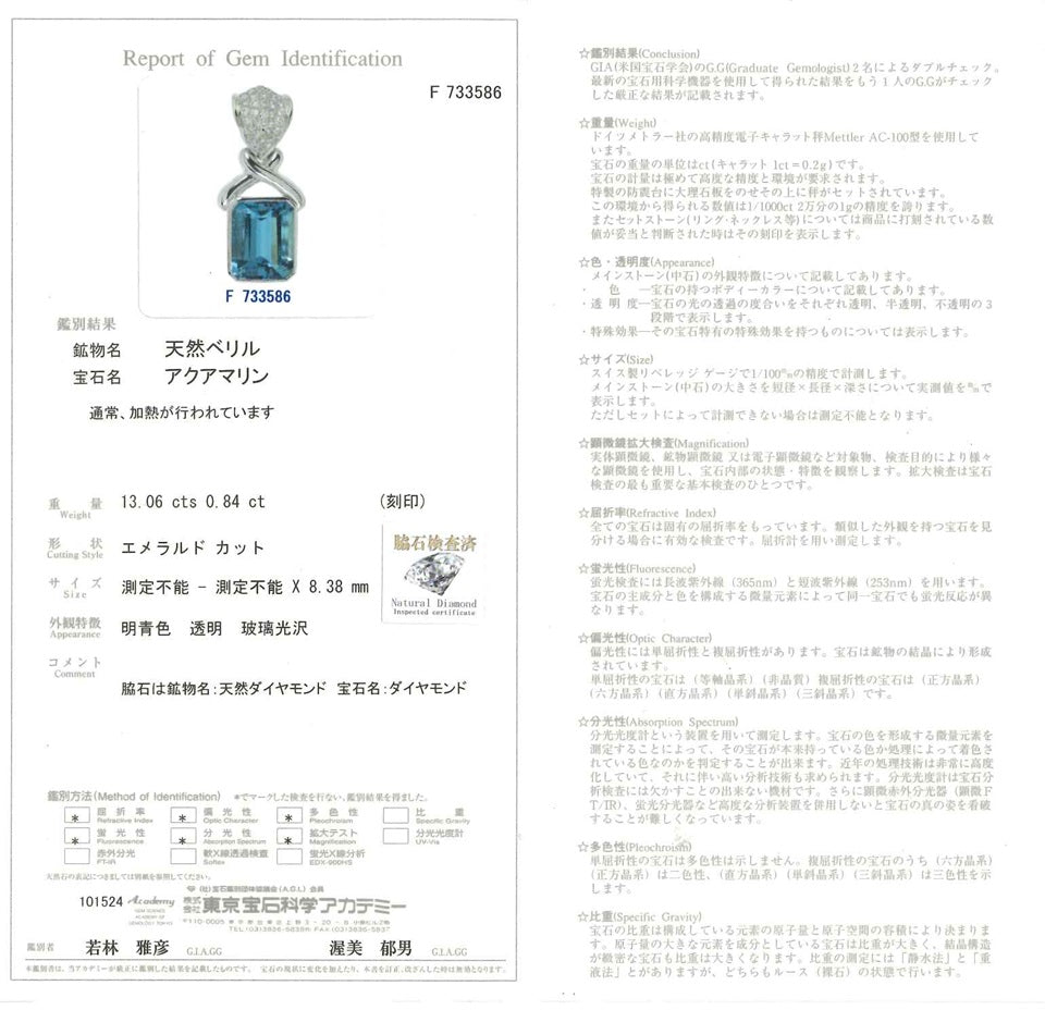 Aquamarine K18WGアクアマリン ダイヤモンドペントップ (NO.128805)