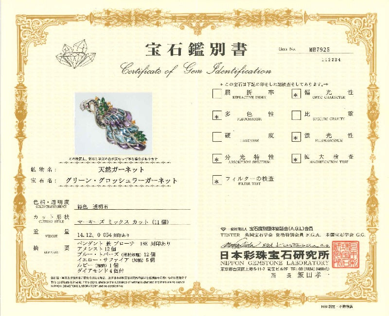 Green Garnet K18グリーンガーネット ブルートパーズ アメシスト ダイヤモンド他ペントップ兼ブローチ(NO.305035)