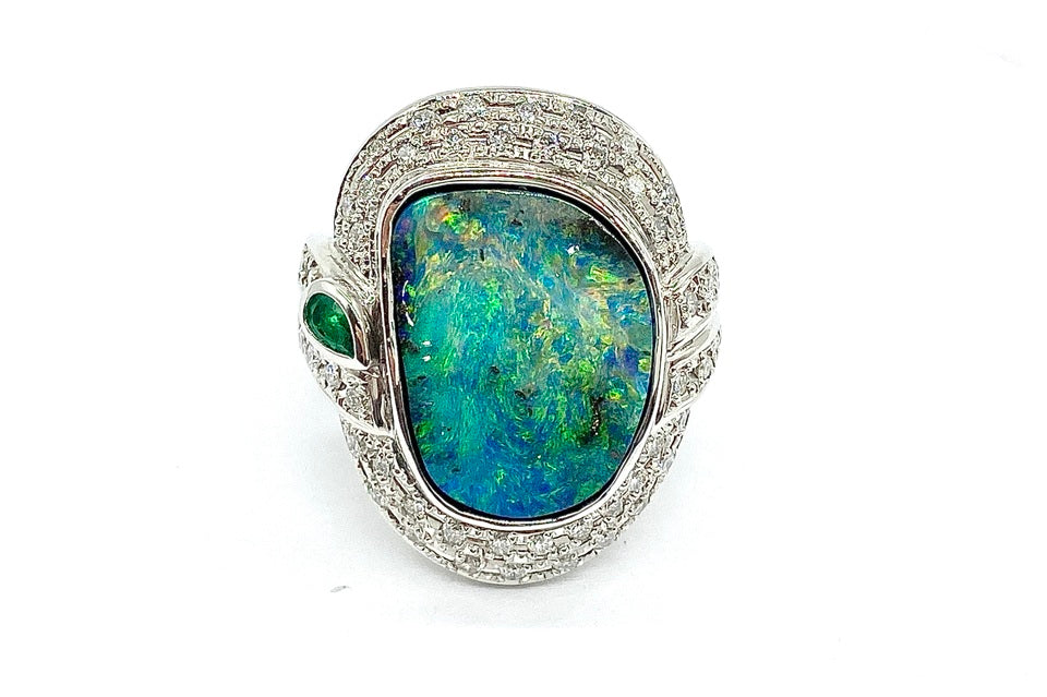 Boulder Opal Pt900ボルダーオパール ダイヤモンド エメラルドリング (NO.305191)