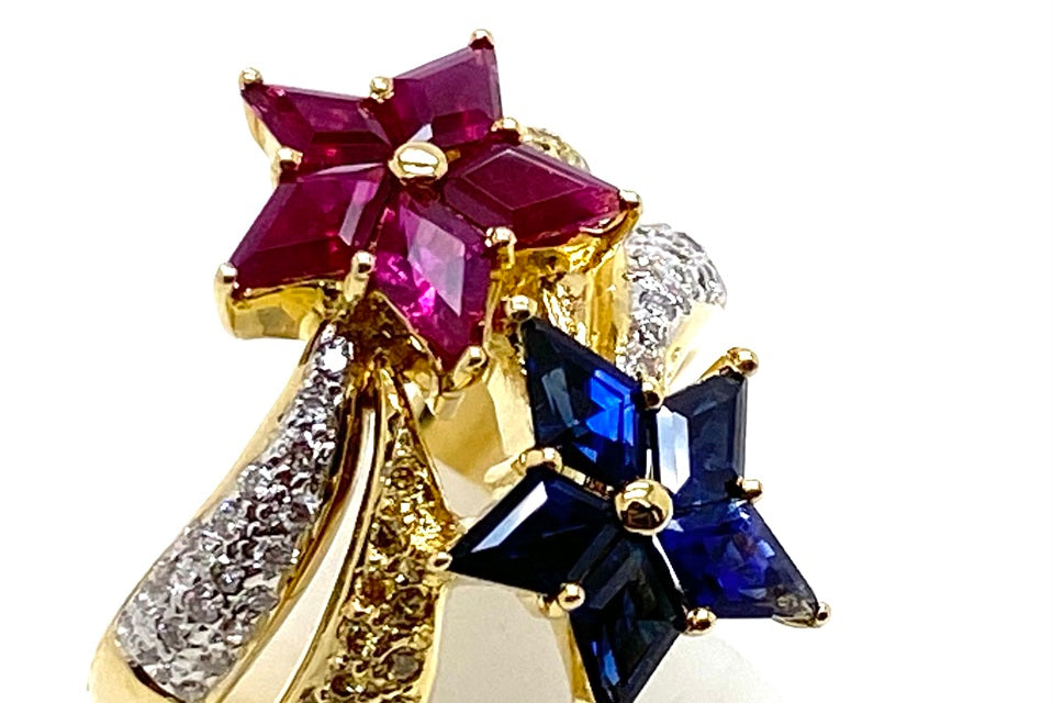 Ruby K18ルビー サファイヤ カラーレス/イエローダイヤモンドリング (NO.305203)