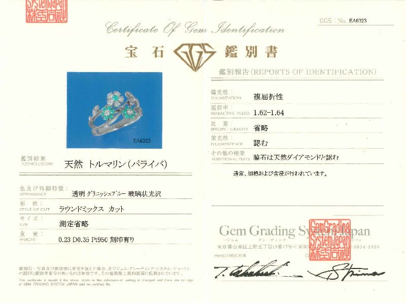 Paraiba Tourmaline Pt950パライバトルマリン ダイヤモンドリング (NO.305275)