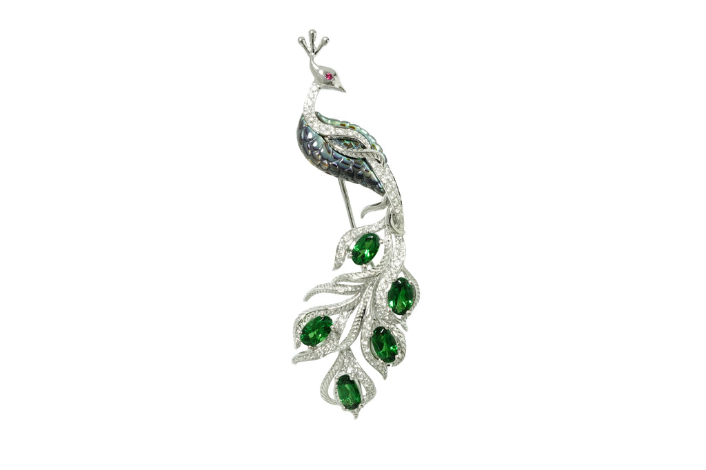 Green Garnet K18WGグリーンガーネット ダイヤモンド ルビー 黒蝶貝ブローチ (NO.305342)