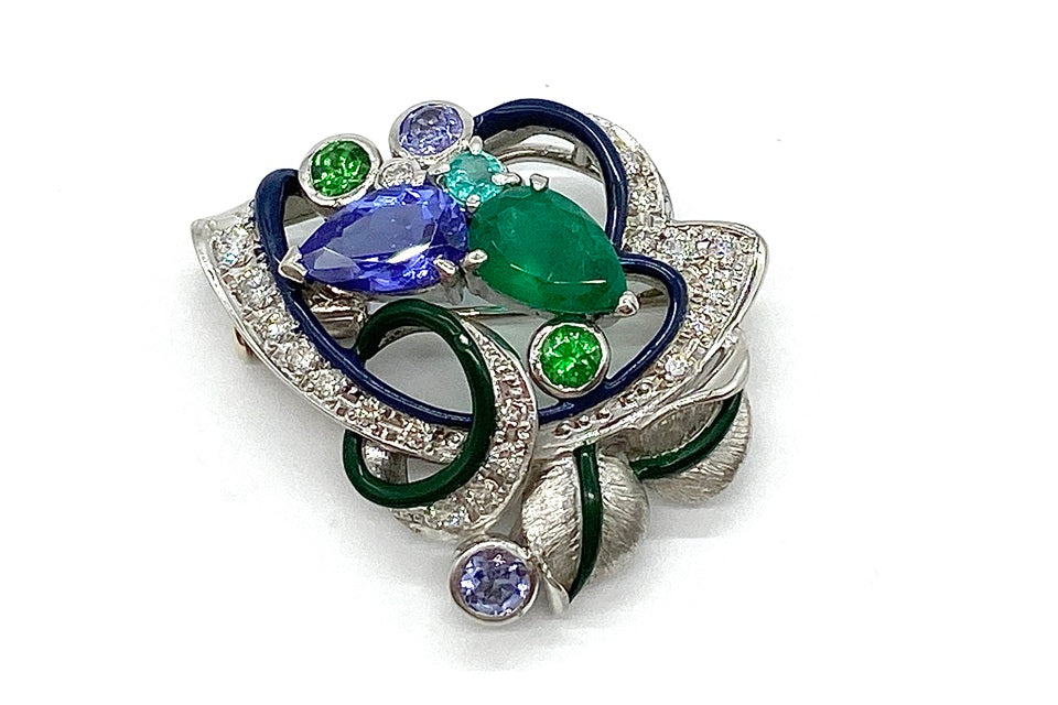 Tanzanite Pt900タンザナイト エメラルド グリーンガーネット ダイヤモンド エナメルブローチ (NO.305344)