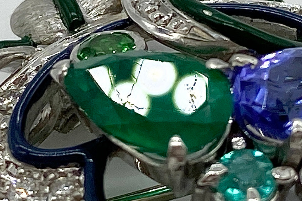 Tanzanite Pt900タンザナイト エメラルド グリーンガーネット ダイヤモンド エナメルブローチ (NO.305344)