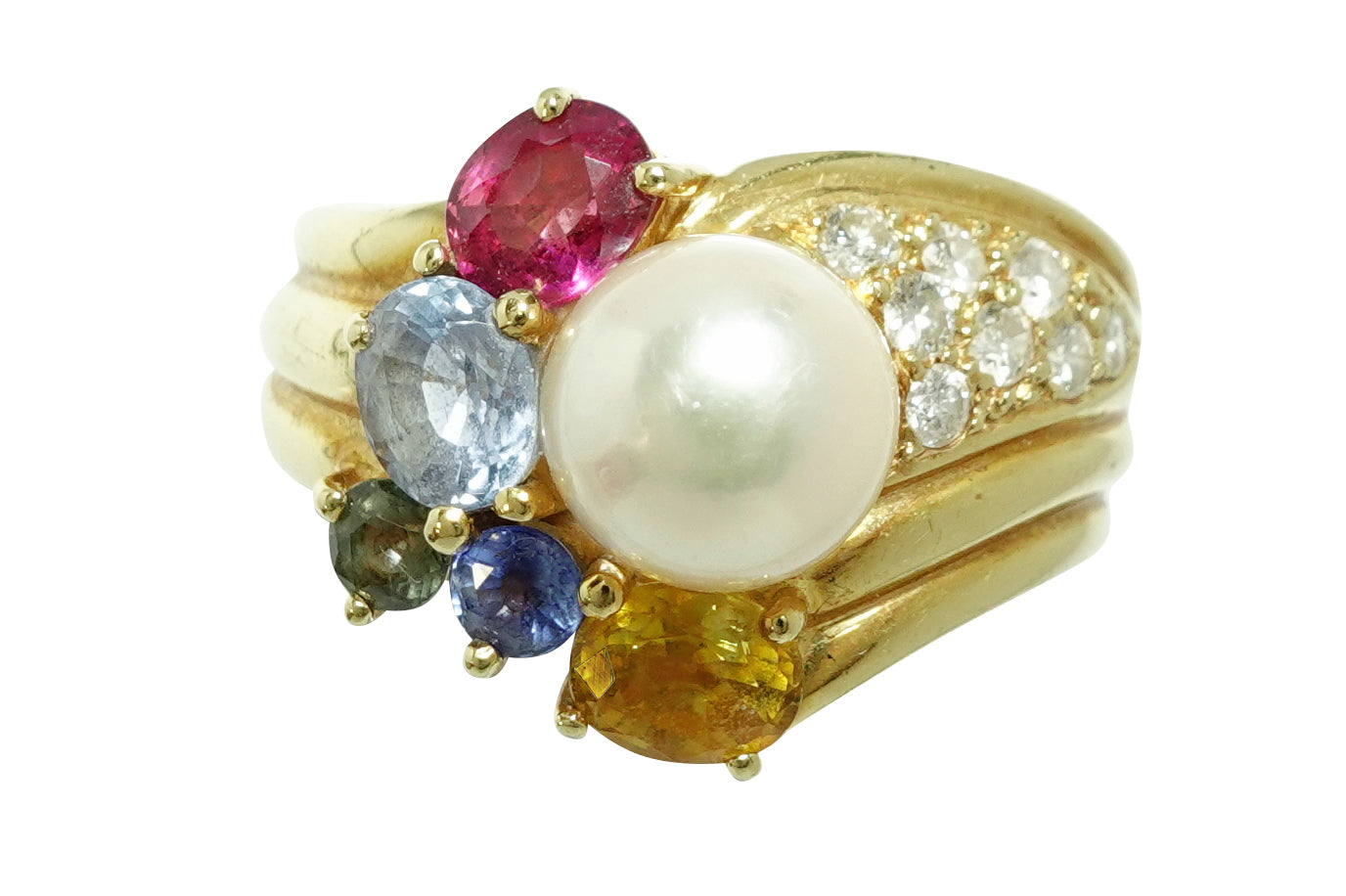 Akoya Pearl K18アコヤパール ルビー ブルー/イエローサファイヤ ダイヤモンドリング (NO.305518)