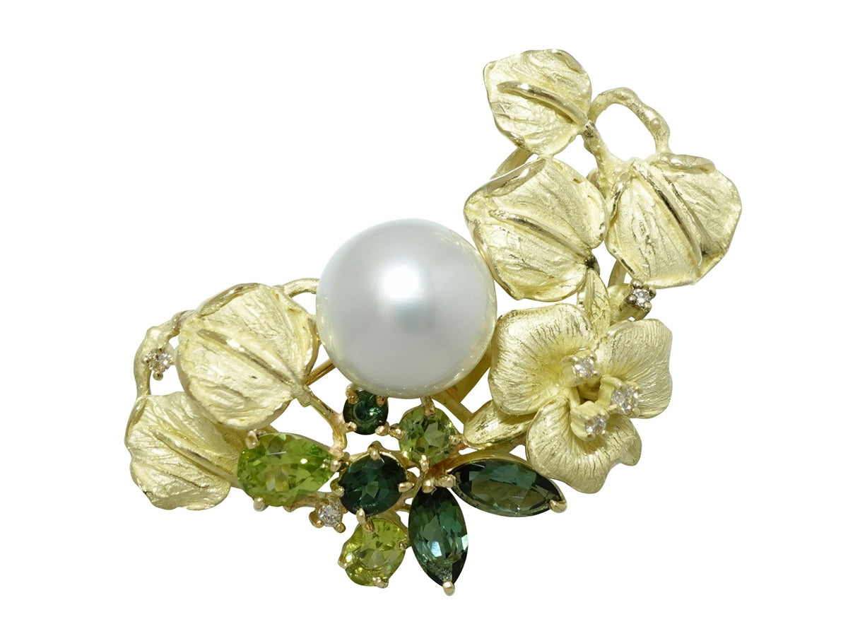South Sea Pearl K18白蝶パール ペリドット グリーントルマリン ダイヤモンドブローチ (NO.305544)