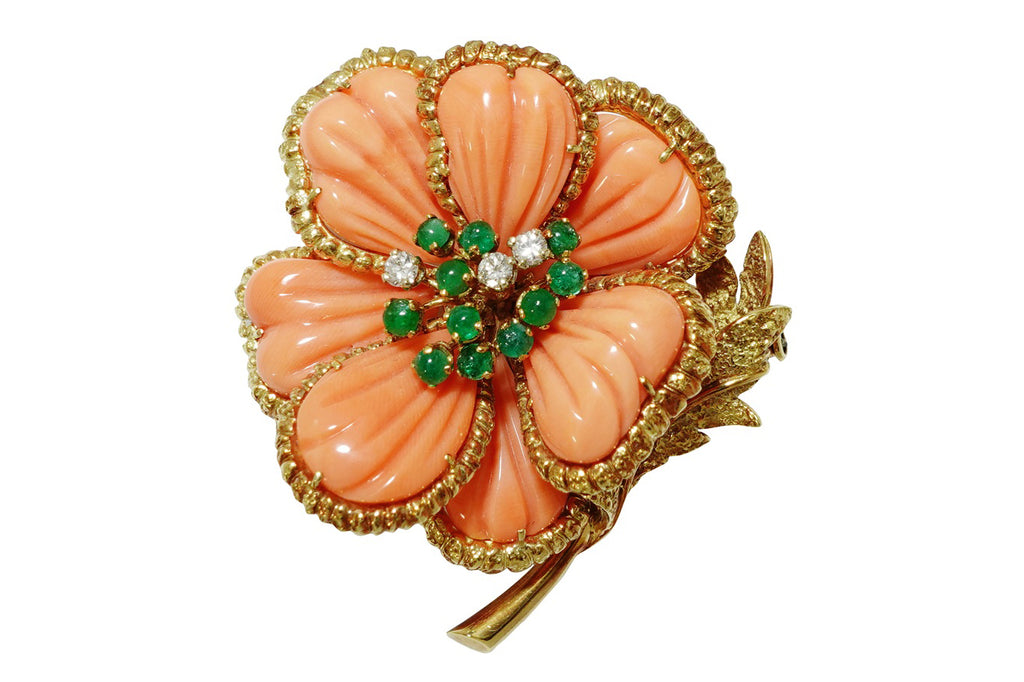 初回特価‼︎ K18 6Pダイヤ 花ブローチ Van Cleef & Arpels【ヴァンクリーフ＆アーペル】K18珊瑚 エメラルド