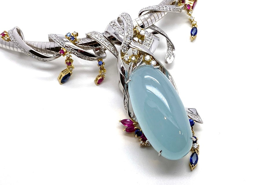 Aquamarine Pt900/K18/WG(NC)アクアマリン ルビー サファイヤ ダイヤモンドネックレス (NO.48005)