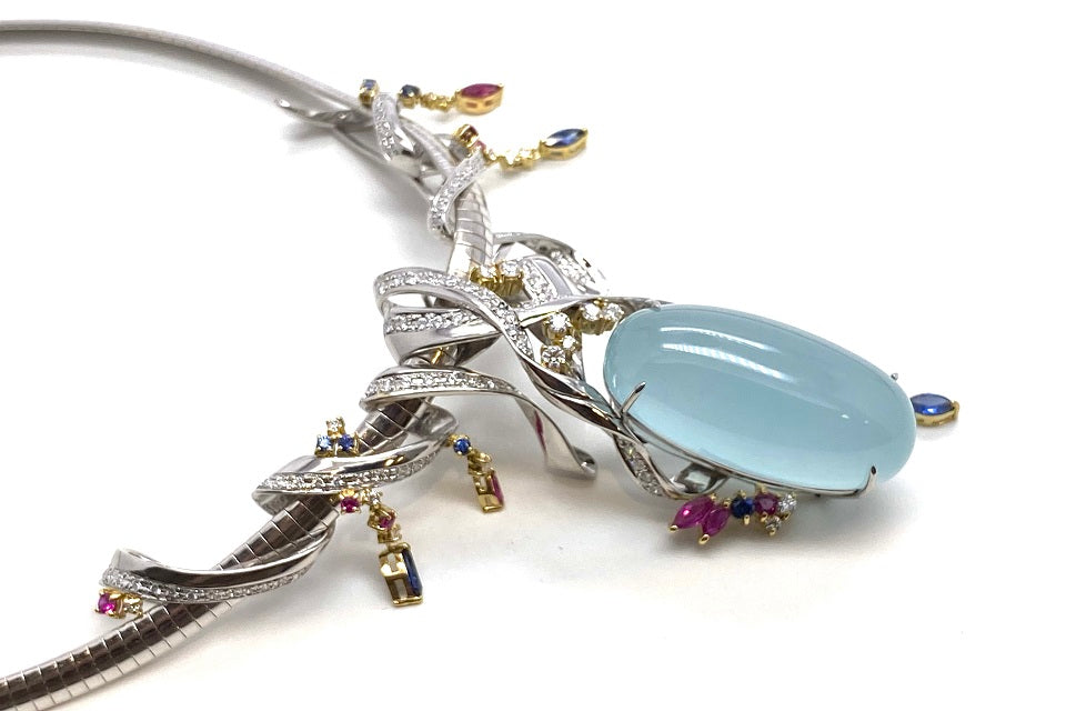 Aquamarine Pt900/K18/WG(NC)アクアマリン ルビー サファイヤ ダイヤモンドネックレス (NO.48005)