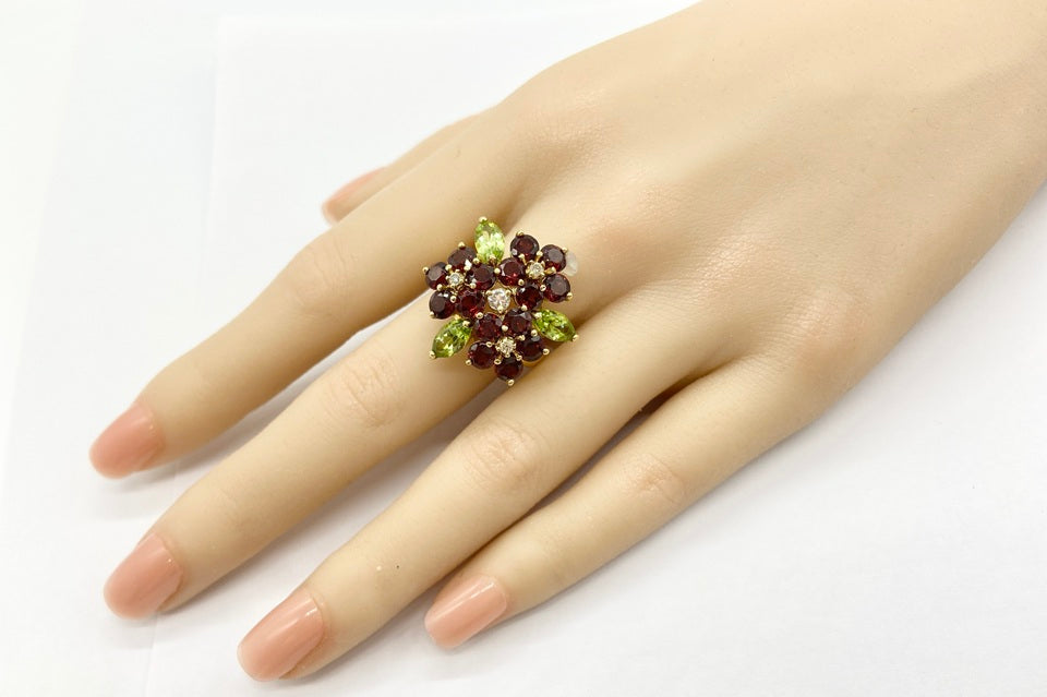 Garnet K18ガーネット ペリドット ダイヤモンドリング (NO.49568)