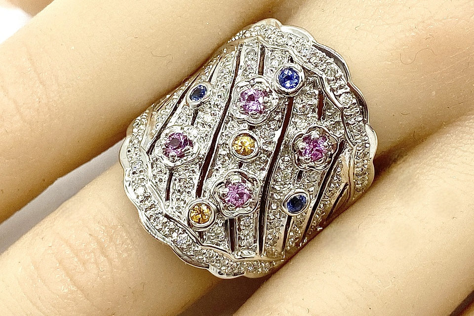 Pink Sapphire K18WGピンク/ブルー/イエローサファイヤ ダイヤリング (NO.49084)