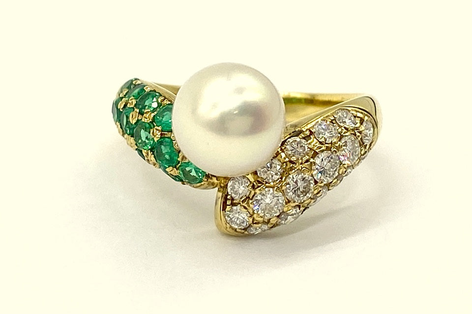 【Akoya Pearl】K18アコヤパール エメラルド ダイヤモンドリング (NO.49091)