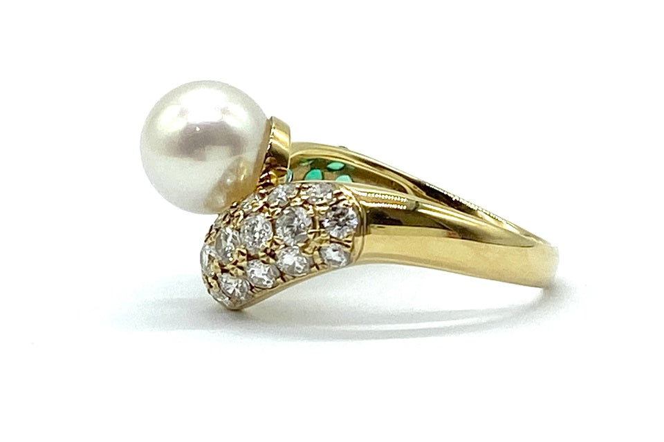 【Akoya Pearl】K18アコヤパール エメラルド ダイヤモンドリング (NO.49091)