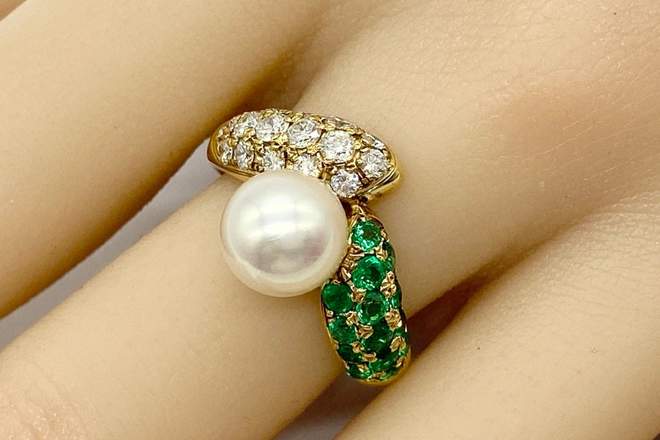 【Akoya Pearl】K18アコヤパール エメラルド ダイヤモンドリング (NO.49091)