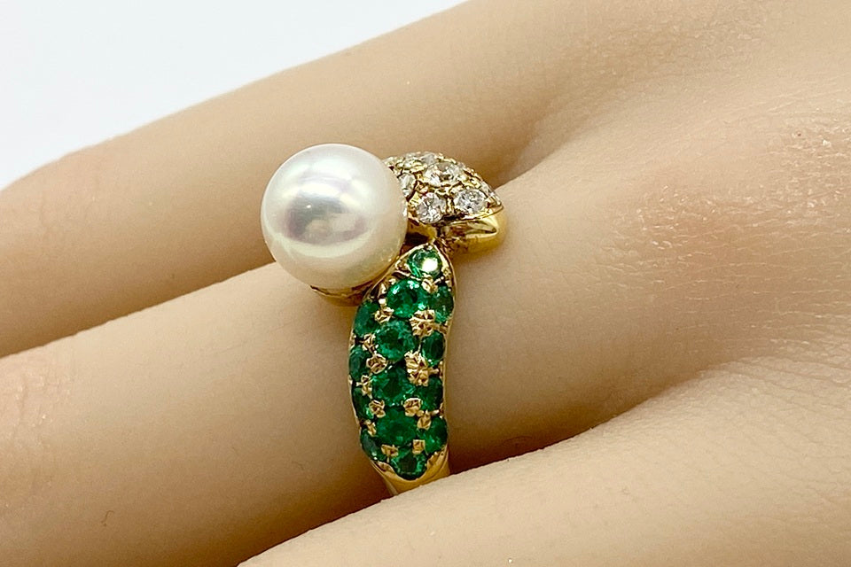 【Akoya Pearl】K18アコヤパール エメラルド ダイヤモンドリング (NO.49091)