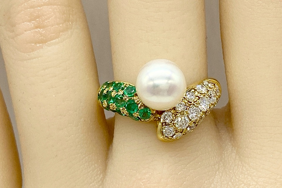 【Akoya Pearl】K18アコヤパール エメラルド ダイヤモンドリング (NO.49091)
