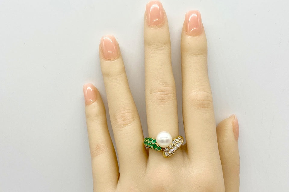 【Akoya Pearl】K18アコヤパール エメラルド ダイヤモンドリング (NO.49091)