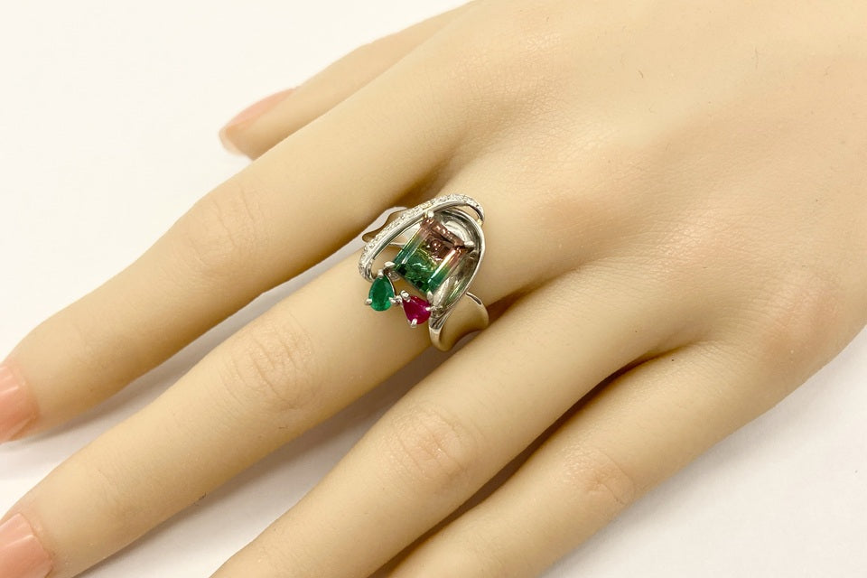 Bicolor Tourmaline Pt900バイカラートルマリン ルビー エメラルド ダイヤモンドリング (NO.49219)