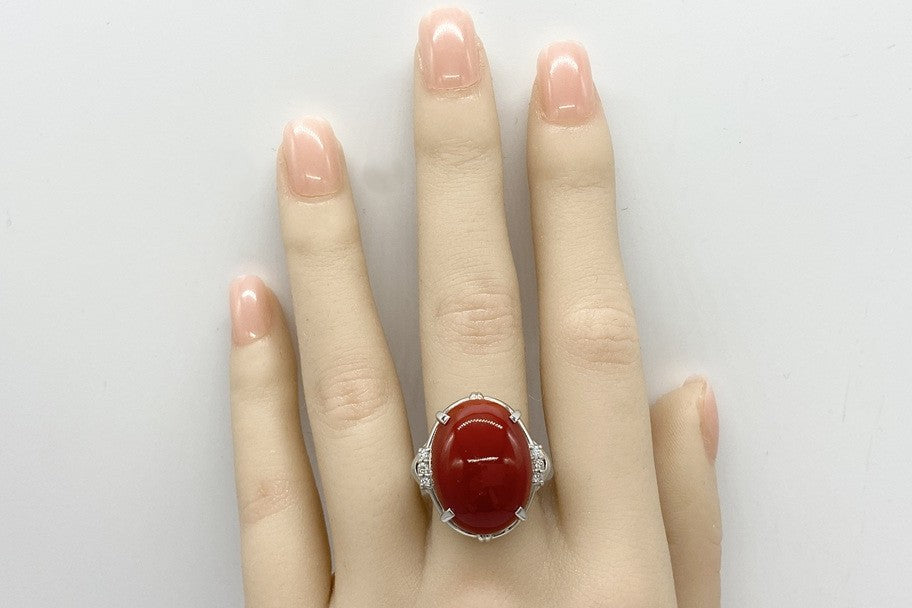 Blood Coral Pt900血赤珊瑚 ダイヤモンドリング (NO.49256)