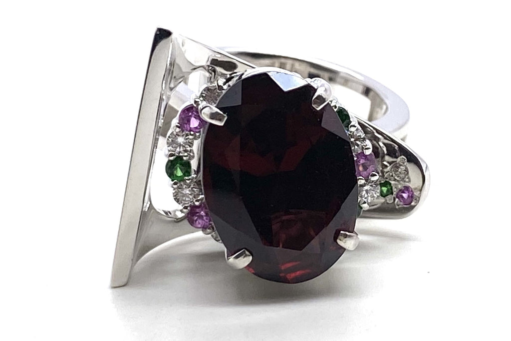 Garnet K18WGガーネット ピンクサファイヤ グリーンガーネット ダイヤモンドリング (NO.49579)