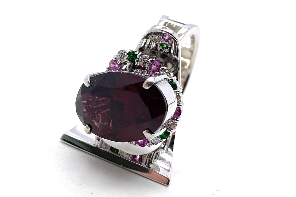 Garnet K18WGガーネット ピンクサファイヤ グリーンガーネット ダイヤモンドリング (NO.49579)